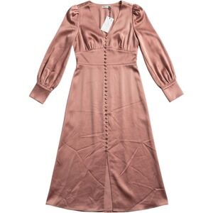 Lichi Satin Midi Dress Large‎ Terracotta Puff Sleeve Button Front Elegant Chic